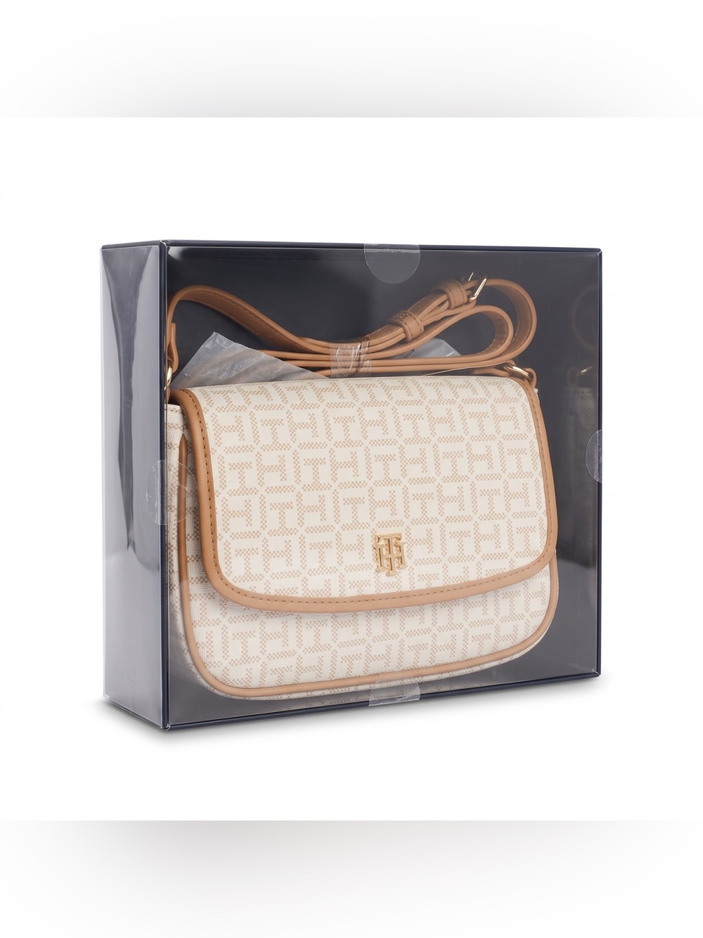 NIB Tommy Hilfiger Logo Monogram Flap Crossbody Bag - Cream & Tan ($98 MSRP)